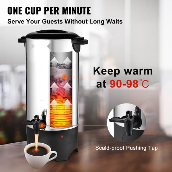 Kommerciel kaffeurne til 50 kopper – rustfrit stål, hurtig brygning og effektiv kaffedispenser. Ideel til arrangementer!