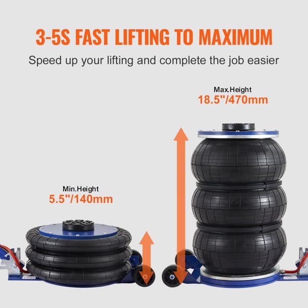 Air Jack, 5 Ton/11000 lbs Triple Bag, lyfter upp till 18,5 tum/470 mm, snabb pneumatisk domkraft för bil och garage.