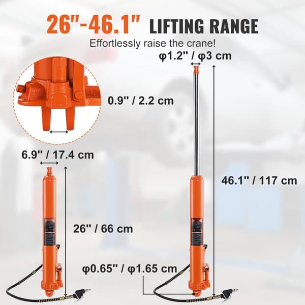 Hydraulisk lang rammejack på 8 tons, med luftpumpe og stempelpumpe til motorløft. Ideel til garage- og butikskraner.