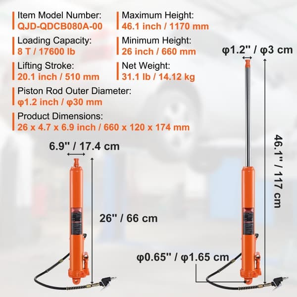 Hydraulisk lang rammejack på 8 tons, med luftpumpe og stempelpumpe til motorløft. Ideel til garage- og butikskraner.