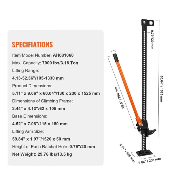 Høj løft gårdsjack, 60" jack til landbrug, 7000 lbs kapacitet, kraftigt til traktorer, lastbiler og SUV'er, orange.