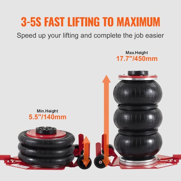 Air Jack, 3 ton/6600 lbs tredobbelt luftpose donkraft, løfter op til 450 mm. Hurtigløftende med lange håndtag til biler og værksteder (rød).