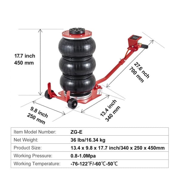 Air Jack, 3 ton/6600 lbs tredobbelt luftpose donkraft, løfter op til 450 mm. Hurtigløftende med lange håndtag til biler og værksteder (rød).