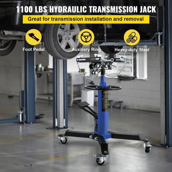 Transmissionsdonkraft 0,5 ton/1100 lbs - Hydraulisk, teleskopisk med fodpedal, 360° drejeligt. Ideel til garage og butik. Blå farve.