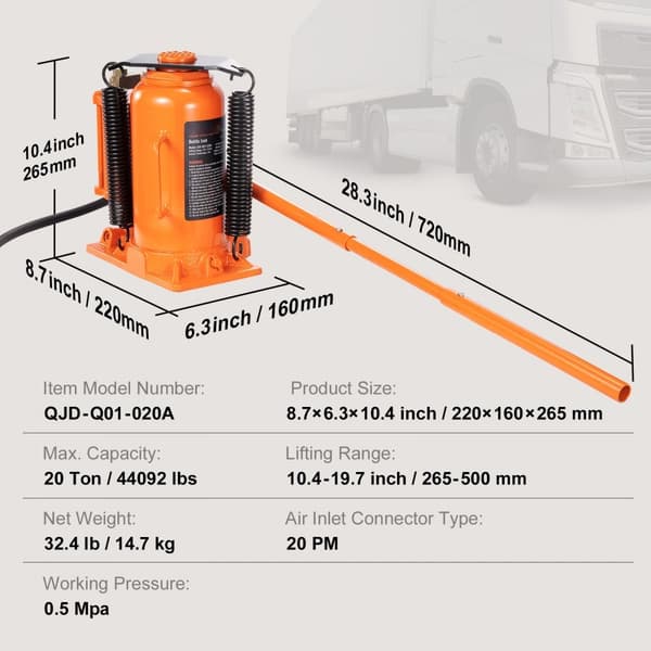 Lufthydraulisk flaskedonkraft, 20 ton/40.000 LBS. Svejset, 265 - 500 mm løft, manuel betjening, til bil, lastbil og industrielt brug.