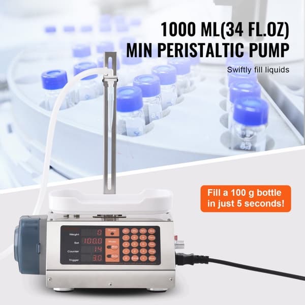 Vätskepåfyllningsmaskin, 5-300 g kapacitet, automatisk flaskpåfyllning, peristaltisk pump, digital kontroll för drycker.