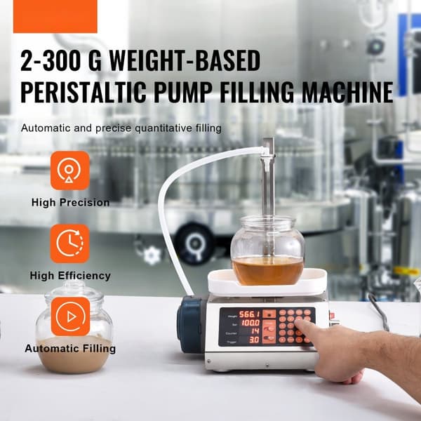 Vätskepåfyllningsmaskin, 5-300 g kapacitet, automatisk flaskpåfyllning, peristaltisk pump, digital kontroll för drycker.