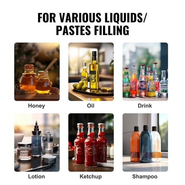 Manuell vätskepåfyllningsmaskin, 5-50 ml flaskfyllare, justerbar, rostfritt stål, för mjölk, juice, olja och kosmetika.