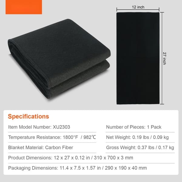 kolfiltsvetsfilt, 27" x 12", flamskyddande, upp till 1800°F, värmebeständig, kolfiberisolering, 1 förpackning