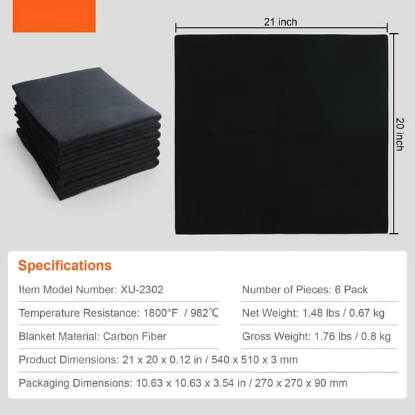 Kolfiltsvetsfilt 6-pack, 21" x 20", flamskyddande svetsfiltar, upp till 1800°F, värmebeständiga kolfiber isoleringsmattor.