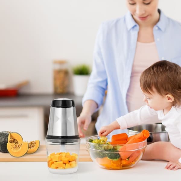 Elektrisk matberedare 2,5 koppar glasskål, köttkvarn och mixer i ett! Perfekt för alla dina matlagningsbehov.