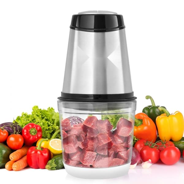 Elektrisk matberedare 2,5 koppar glasskål, köttkvarn och mixer i ett! Perfekt för alla dina matlagningsbehov.