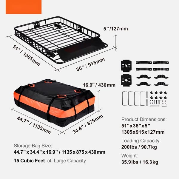 Takräcke lastkorg 130,5 x 91,5 x 12,7 cm med 15 Cu Ft vattentät lastväska, 90 kg kapacitet, universal stativhållare.
