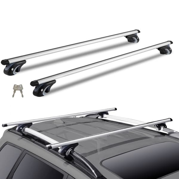 Universelle 54" aluminium tagbøjler med justerbare tværstænger, 200 lbs kapacitet. Passer til SUV'er og varebiler med hævet sidegelænder.