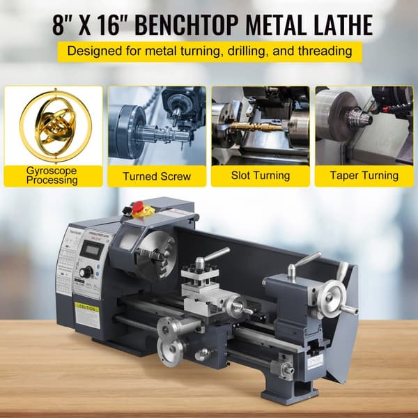 Opdateret 750 W mini metal drejebænk 8x16” med luksus tilbehør, trinløse hastigheder 50-2500 RPM, MT3 spindel og flytbar lampe.