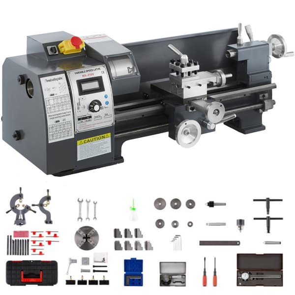 Opdateret 750 W mini metal drejebænk 8x16” med luksus tilbehør, trinløse hastigheder 50-2500 RPM, MT3 spindel og flytbar lampe.