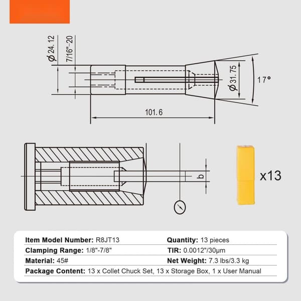 13 st Precision R8 Spännhylsa Set, 1/8'' - 7/8'', 45# Legerad Stål Spännhylsa Chuck 0,0012"/30μm TIR med 13 lådor för Fräsmaskiner.