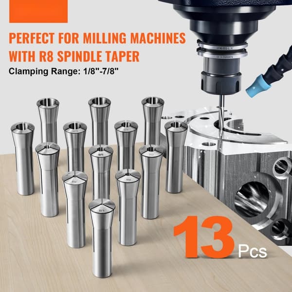 13 st Precision R8 Spännhylsa Set, 1/8'' - 7/8'', 45# Legerad Stål Spännhylsa Chuck 0,0012"/30μm TIR med 13 lådor för Fräsmaskiner.