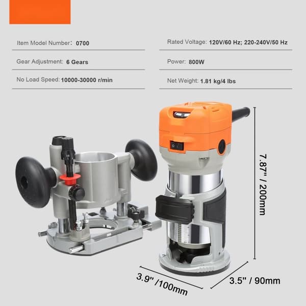 Träfräs 1,25 hk 800 W, kompakt överfräs med dyk och fast bas, 30000 rpm, 6 hastigheter, inkl. 1/4" & 5/16" hylsor.
