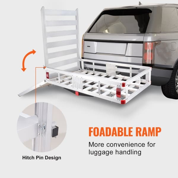 50 x 29,5 x 8,7 tommer trækvogn med 500 lbs kapacitet; aluminium bagagebærer med folderampe. Passer til 2" kobling til SUV og campingvogne.