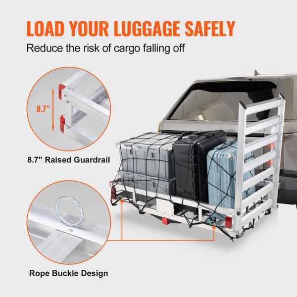 50 x 29,5 x 8,7 tommer trækvogn med 500 lbs kapacitet; aluminium bagagebærer med folderampe. Passer til 2" kobling til SUV og campingvogne.