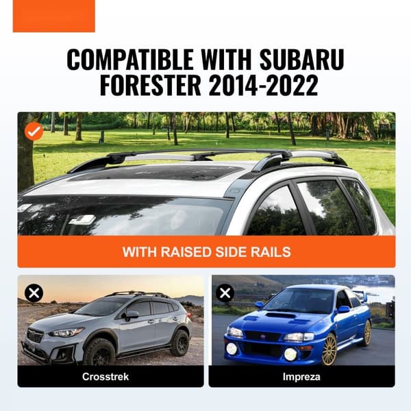 Kattotelineen poikittaistangot Subaru Forester 2014-2022, 200 lbs kapasiteetti, alumiiniset lukkopalkit ja tavaralaukku.