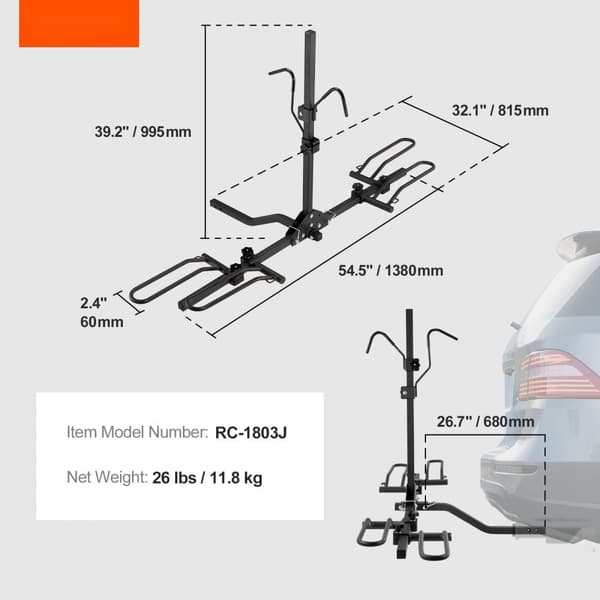 Hitch-monteret cykelstativ til 2 cykler, 80 lbs kapacitet, passer til 1,25/2" modtagere, vipbar og foldbar med op til 2,4" dæk.