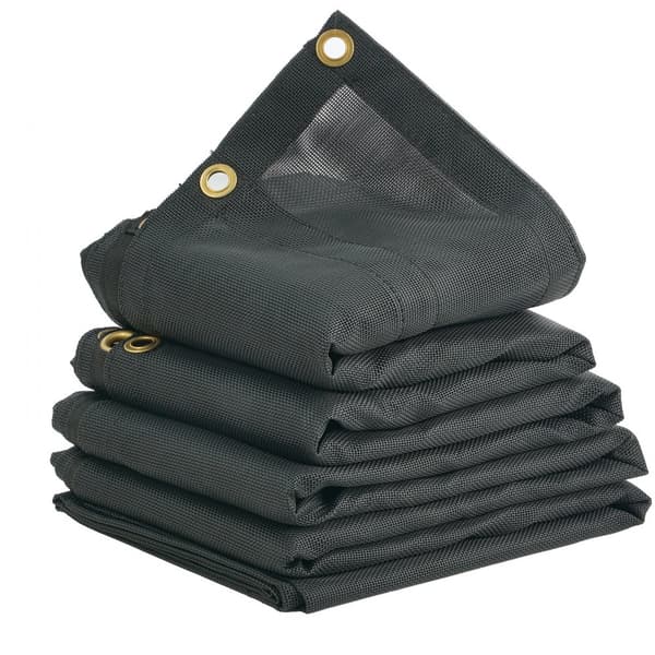 Dumpermeshdække, 5 x 14 fod, PVC-belagt sort, kraftig med 5,5" 18 oz dobbeltlomme og messinggennemføringer, velegnet til dumpersystemer.