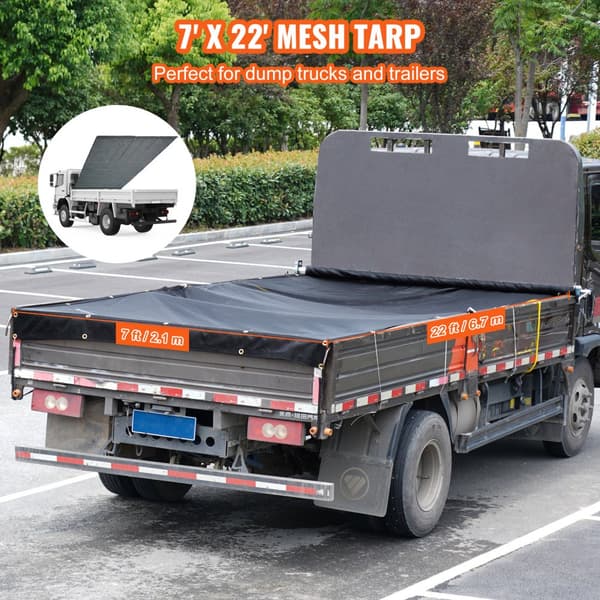 Dumper mesh presenning, 7 x 22 fod, sort PVC-dæksel med 5,5" dobbeltlomme og messinggennemføringer. Ideel til dumpersystemer.
