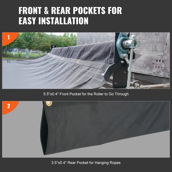 Dumper mesh-presenning, 6,5 x 18 fod, sort PVC, 5,5" dobbeltlomme, messinggennemføringer og forstærkede sømme til dumpersystem.