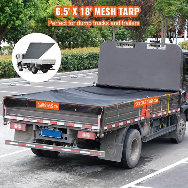 Dumper mesh-presenning, 6,5 x 18 fod, sort PVC, 5,5" dobbeltlomme, messinggennemføringer og forstærkede sømme til dumpersystem.