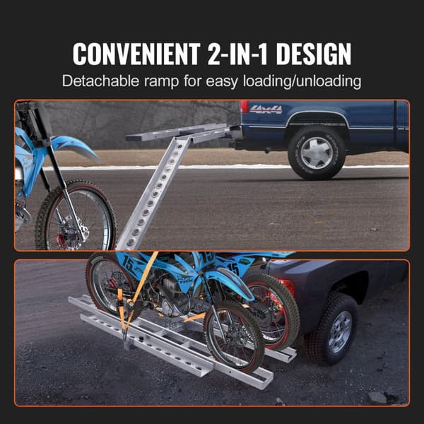 Motorcykelholder til 2 cykler, 600 LBS aluminium, inkl. rampe, stabilisator og skraldestropper, til bil eller lastbil med 2" hitch.