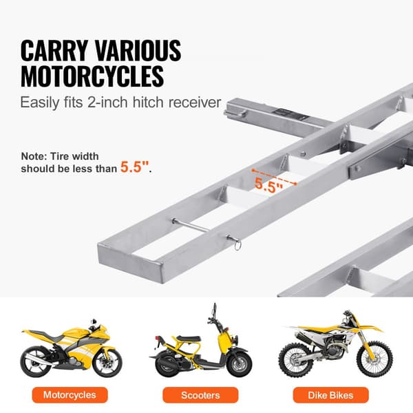 Motorcykelholder til 2 cykler, 600 LBS aluminium, inkl. rampe, stabilisator og skraldestropper, til bil eller lastbil med 2" hitch.