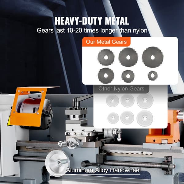 Metallisorvi 7" x 13,78", portaattomasti säädettävä 0-2200 rpm, 500 W harjamoottori, tarkkuusosat työkalulaatikolla.