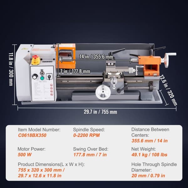 Metallisorvi 7" x 13,78", portaattomasti säädettävä 0-2200 rpm, 500 W harjamoottori, tarkkuusosat työkalulaatikolla.