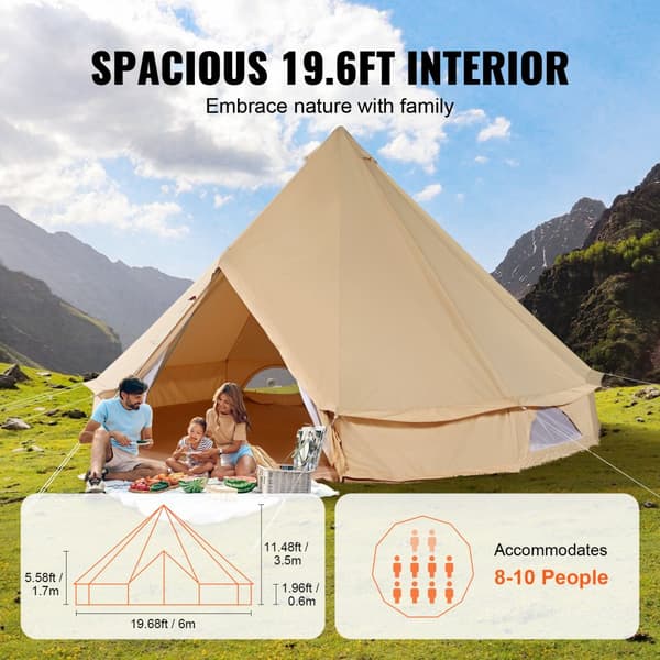 Canvas Bell Telt, 6 m/19,68 ft Yurt telt til camping, åndbart med plads til 10 personer - perfekt til familie- og jagtudflugter.