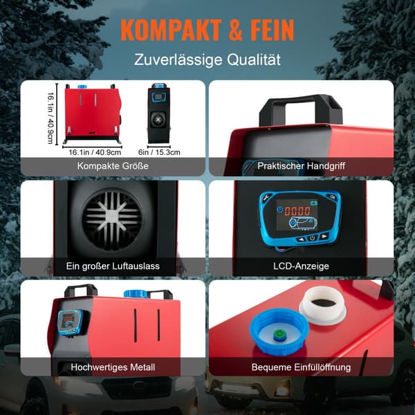 Opgraderet 8KW Diesel Luftvarmer til biler, både og campingvogne. 12V med Blå LCD-display og fjernbetjening. Energisparende pumpe.