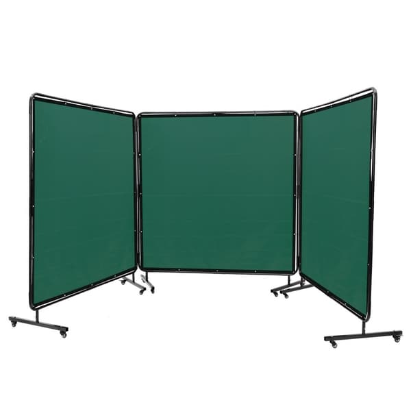 Hitsausseula kehyksellä, 6' x 6', 3-paneelihitsausverhot, liekinkestävä vinyyli, 12 kääntyvää pyörää (6 lukittavaa), liikuteltava.