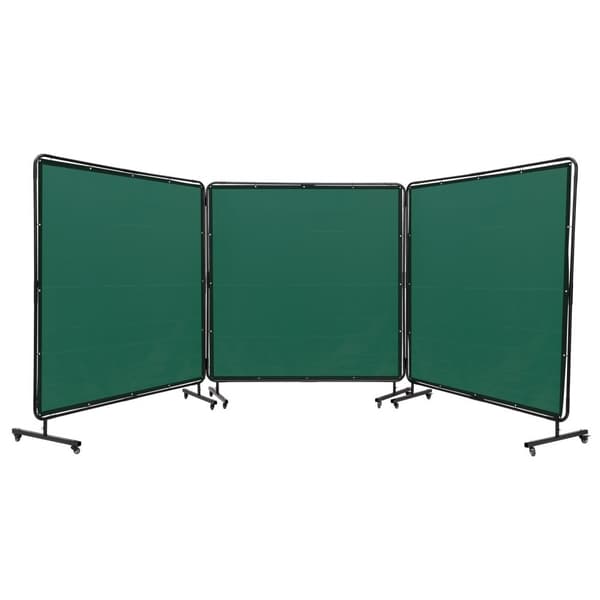 Hitsausseula kehyksellä, 6' x 6', 3-paneelihitsausverhot, liekinkestävä vinyyli, 12 kääntyvää pyörää (6 lukittavaa), liikuteltava.