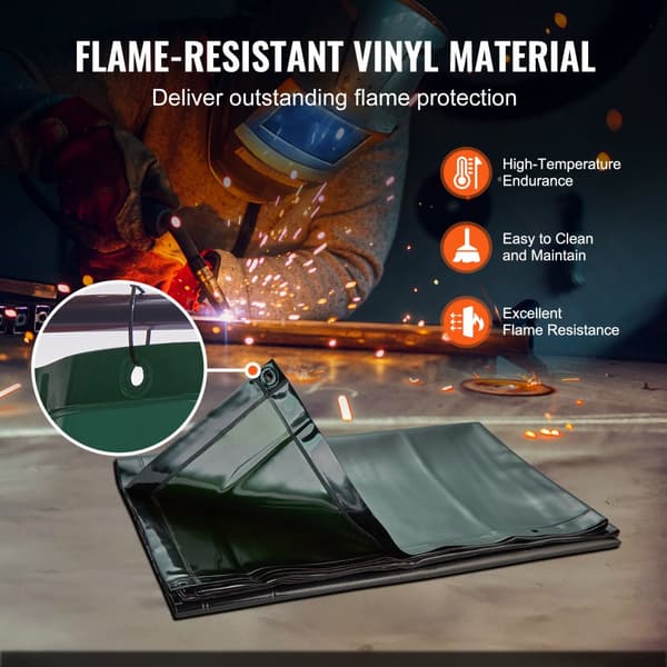 Svejseskærm med ramme, 6' x 8', flammebestandigt vinyl, bevægelig med 4 hjul (2 låsbare), ideel til værksted og industri, grøn.