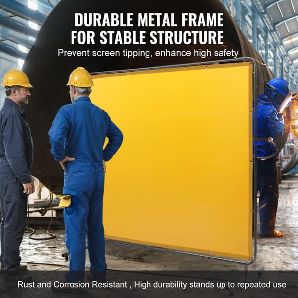 Svetsskärm med ram, 6' x 8', flamsäker vinyl, 4 svängbara hjul (2 låsbara), professionell för verkstad/industri, gul.