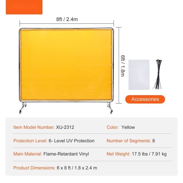 Svetsskärm med ram, 6' x 8', flamsäker vinyl, 4 svängbara hjul (2 låsbara), professionell för verkstad/industri, gul.