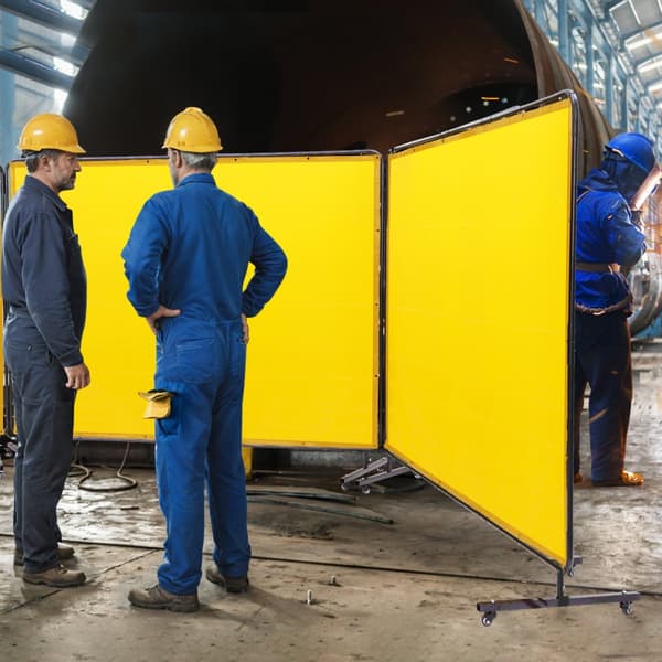 Hitsausseula kehyksellä, 6' x 8', 3-paneelihitsausverhot, liekinkestävä vinyyli, 12 pyörää (6 lukittavaa), keltainen.