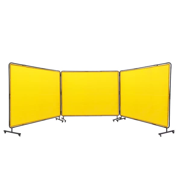 Hitsausseula kehyksellä, 6' x 8', 3-paneelihitsausverhot, liekinkestävä vinyyli, 12 pyörää (6 lukittavaa), keltainen.