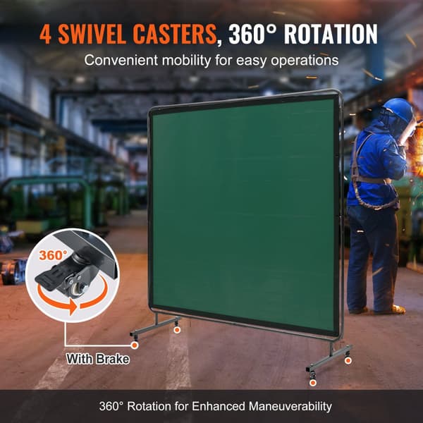 Svetsskärm med ram, 6' x 6', flamsäker vinyl, 4 svängbara hjul (2 låsbara), professionell för verkstad/industri, grön.