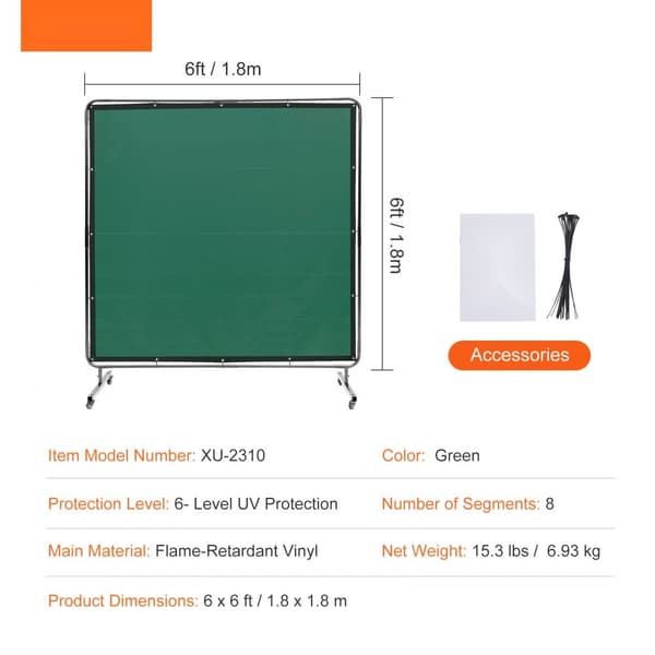 Svetsskärm med ram, 6' x 6', flamsäker vinyl, 4 svängbara hjul (2 låsbara), professionell för verkstad/industri, grön.