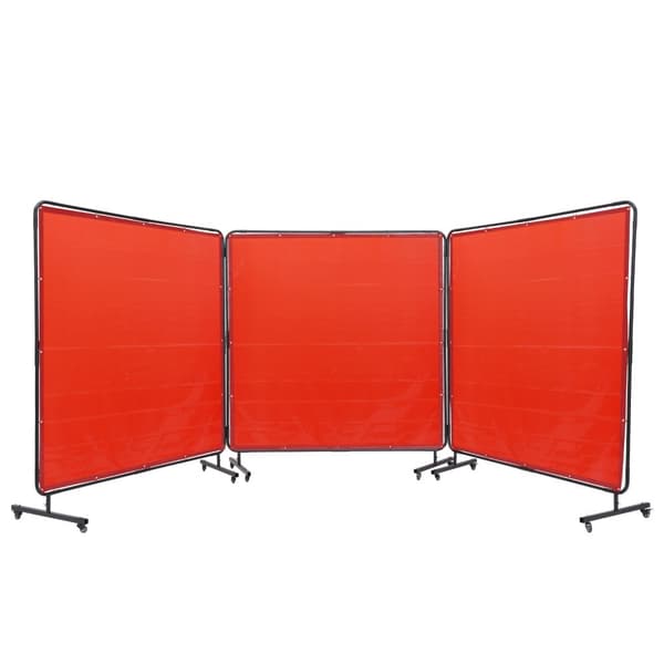 Svejseskærm med ramme, 6' x 6', 3 paneler, flammebestandig vinyl, 12 hjul (6 låsbare), mobil og professionel til værksteder, rød.