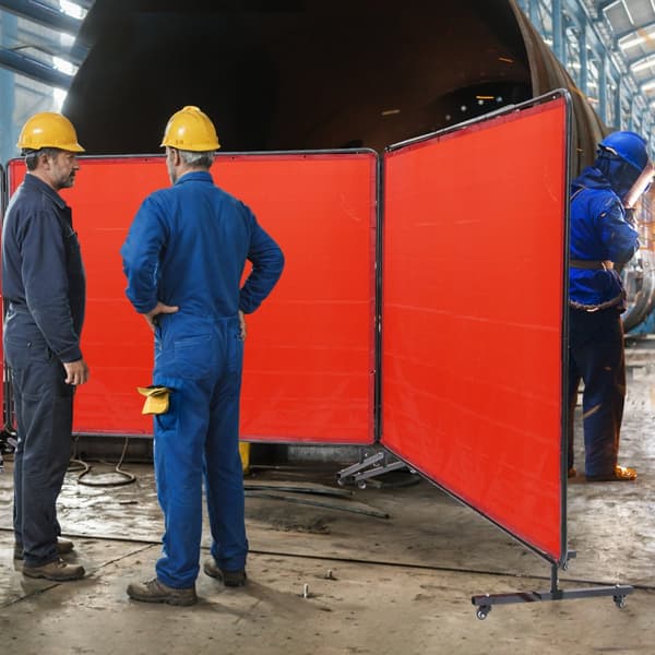 Svejseskærm med ramme, 6' x 8', 3-paneler. Flammehæmmende vinyl, bevægelig med 12 hjul (6 låsbare), ideel til værksted. Rød.