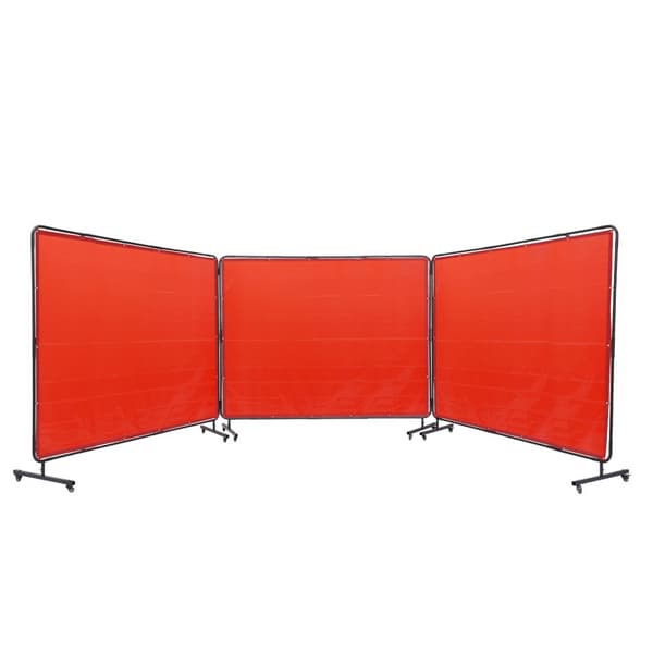 Svejseskærm med ramme, 6' x 8', 3-paneler. Flammehæmmende vinyl, bevægelig med 12 hjul (6 låsbare), ideel til værksted. Rød.