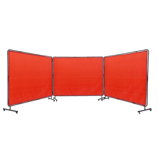Svejseskærm med ramme, 6' x 8', 3-paneler. Flammehæmmende vinyl, bevægelig med 12 hjul (6 låsbare), ideel til værksted. Rød.